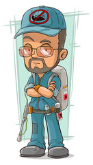 Cartoon bearded exterminator in blue uniform