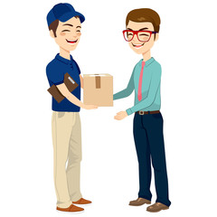 Happy young delivery man giving mail package to businessman
