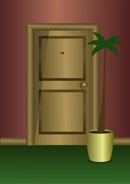 Wooden door in frontal view with a plant