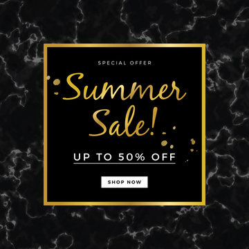 Summer sale design for banner or poster, with marble texture and gold detail