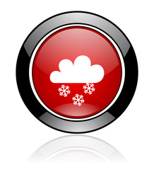 Red glossy snowing vector icon.
