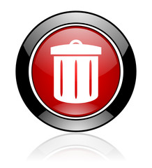 Red glossy trash can vector icon.