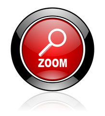 Red and black glossy round zoom vector icon. Modern design circle glass button.
