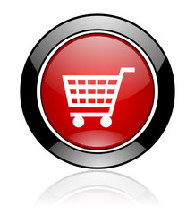 Modern design red and black glossy round web cart vector icon