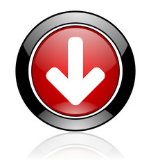 Red and black round glossy web download vector icon