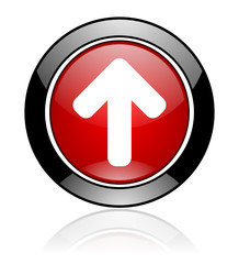 Red and black round glossy web arrow vector icon