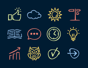 Collection of hand drawn business icons. Thumb up. Education. Navigation. Doodle. Simple cartoon vector illustration.