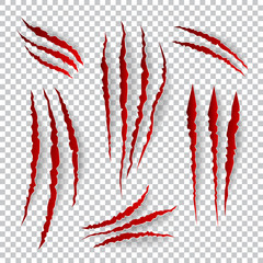 Realistic claw scratches. Vector set on plaid background - obrazy, fototapety, plakaty