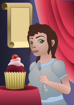 A girl with a giant red velvet cupcake readty to taste. There is a poster in the background to place text or whatever. Vector Illustration