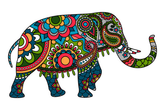 Colored doodle Indian elephant illistration isolated over white. Vector elephant icon