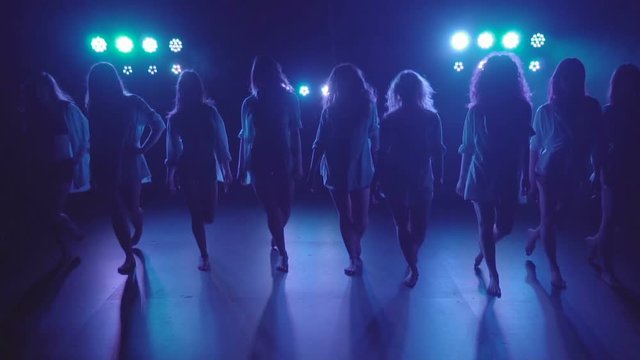 Shilouettes of female dancers group sensually walking on a dark stage with lights and smoke - video in slow motion