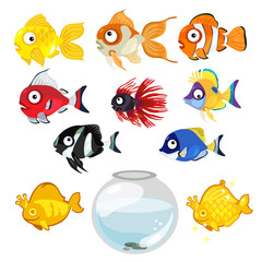 Naklejka premium Set of colored tropical aquarium fish and bowl