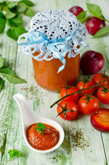 Tomato ketchup sauce with garlic, spices and plums