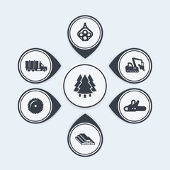 Logging icons, tree harvester, tracked feller buncher, wood, lumber, timber infographic elements, vector illustration