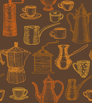 vector hand-drawn dark coffee background with coffee pots cups cesves grinders