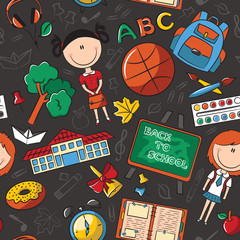 School girls with tools and education objects seamless pattern.