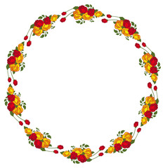 Round frame with red and yellow roses. Vector clip art.