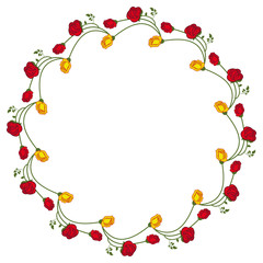 Round frame with red and yellow roses. Vector clip art.