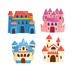 Fototapeta premium Cartoon fairy tale castle tower icon. Cute cartoon castle architecture. Vector illustration fantasy house fairytale medieval castle. Princess cartoon castle cartoon stronghold design fable isolated.
