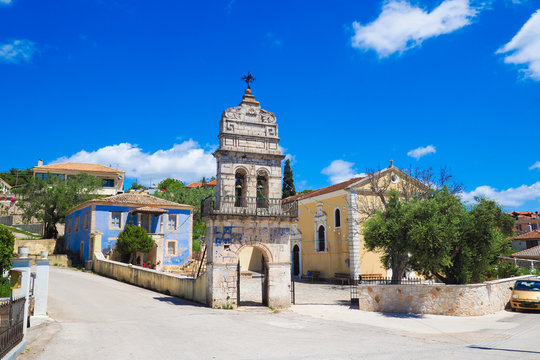 Old bell tower in traditional greek village on the island of Zak