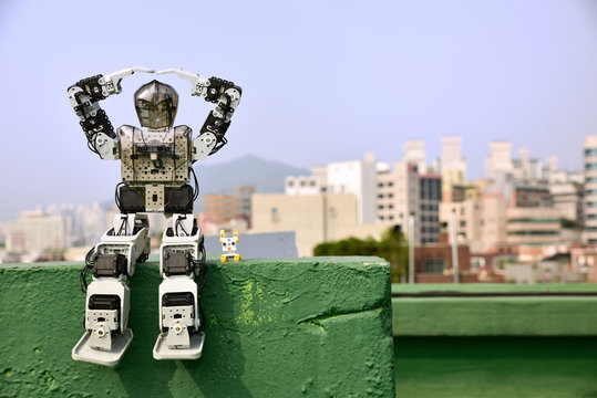 The robot sits on the walls a hand expression of love.
Robot falls in love and puppy