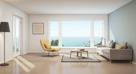 Scandinavian sea view living room in luxury house- 3D rendering