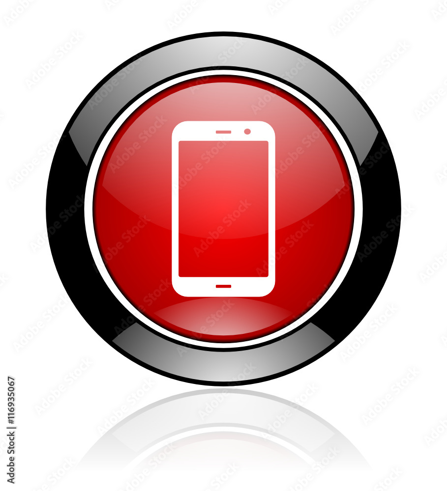 Poster Modern design red and black circle vector smartphone icon. Round web mobile phone button. 