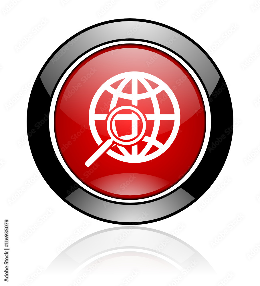 Poster modern design red and black circle vector search icon. round web find button.