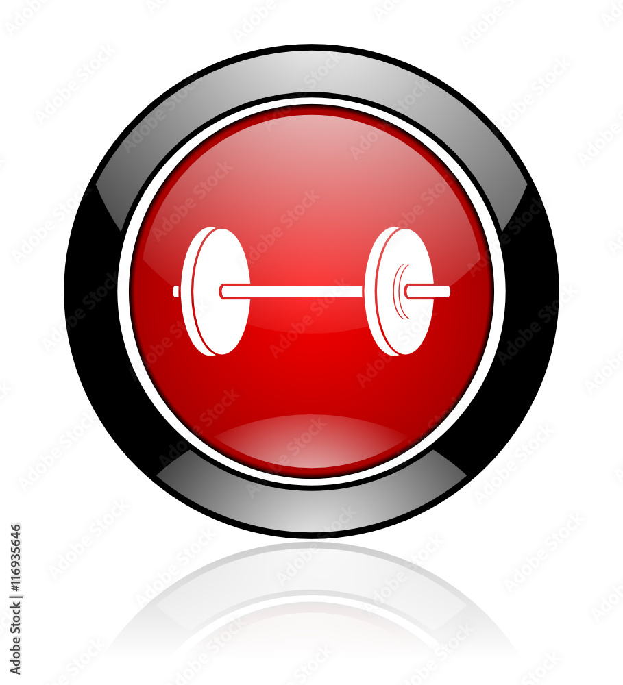 Aufkleber Modern design red and black circle vector gym icon. Round web fitness button. 