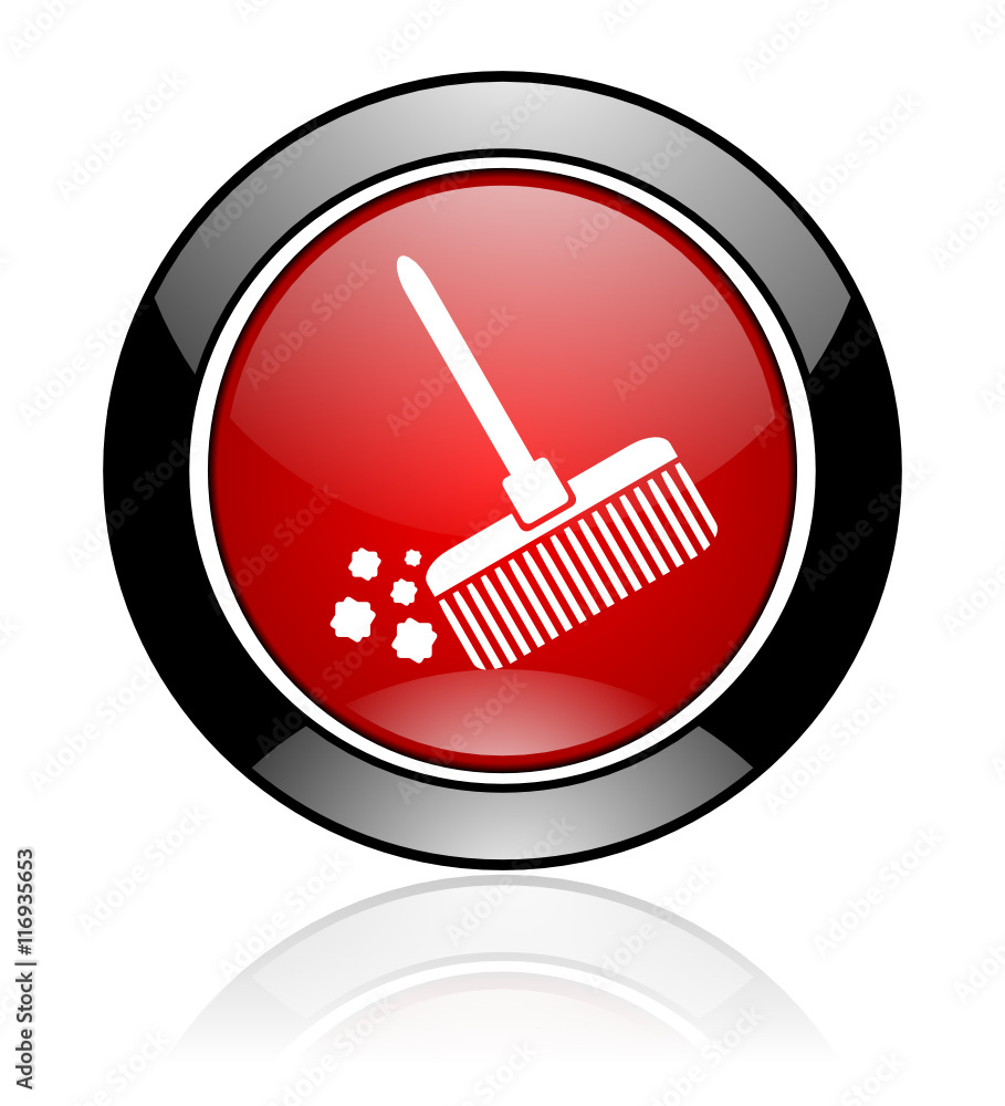 Poster Modern design red and black circle vector broom icon. Round web clean button. 