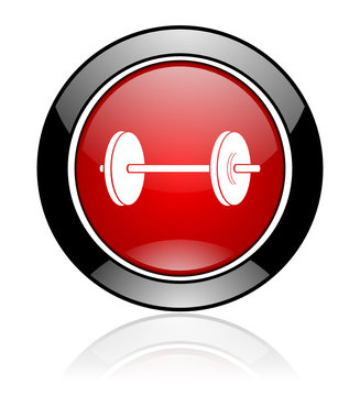 Modern design red and black circle vector gym icon. Round web fitness button. 
