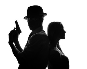Silhouette of detective with beautiful woman isolated on white background