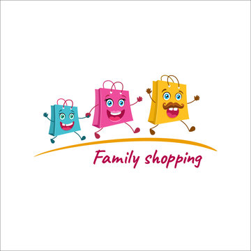Family shopping logo. Happy shopping bags family running to the store. Vector cartoon illustration isolated. Family shopping icon.