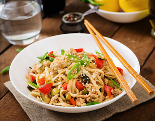 Udon noodles with meat and vegetables in an Asian style