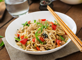 Udon noodles with meat and vegetables in an Asian style