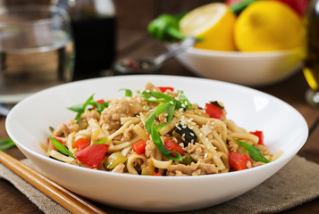 Udon noodles with meat and vegetables in an Asian style