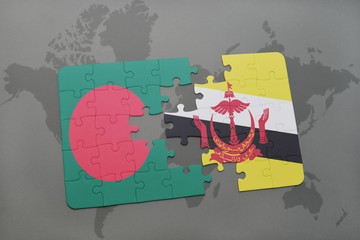 puzzle with the national flag of bangladesh and brunei on a world map background.
