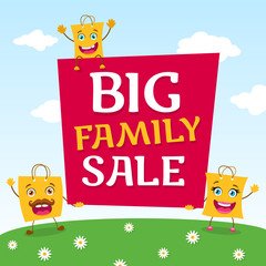 Big family sale vector cartoon background. Mother and father shopping bags holding a poster in their hands and happy kid shopping bag sitting on it.