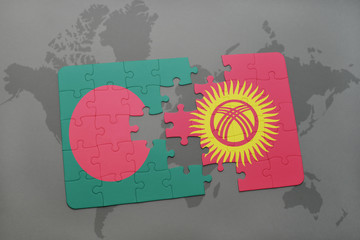 puzzle with the national flag of bangladesh and kyrgyzstan on a world map background.