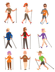Nordic walking sport vector people - obrazy, fototapety, plakaty