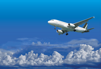 Fototapeta na wymiar Airliner is landing on cloudy sky background - vector