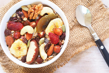 Top view of a healthy bowl of muesli mixed with dried fruit and