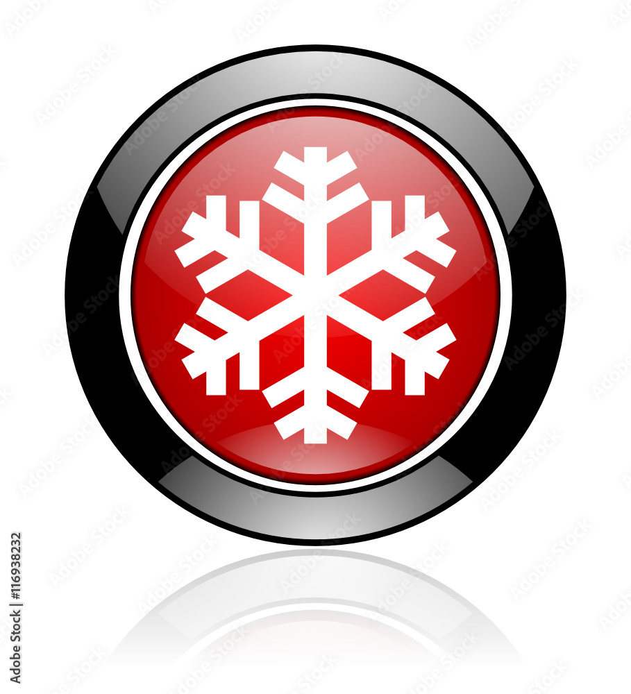 Poster Modern design red and black circle vector snow icon. Round web winter button.