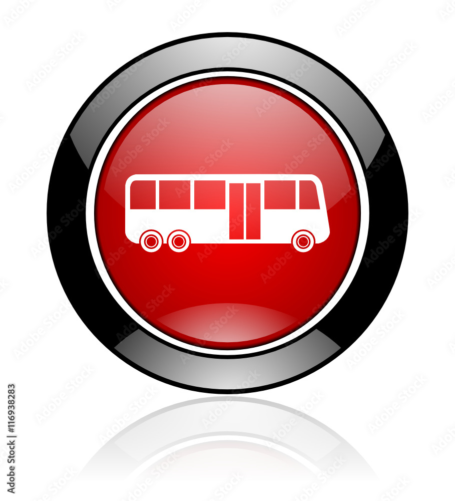 Poster Modern design red and black circle vector bus icon. Round web travel button.