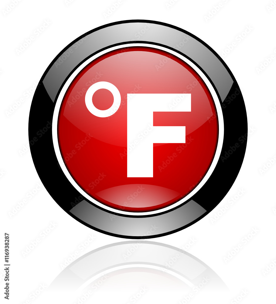 Poster Modern design red and black circle vector temperature icon. Round web fahrenheit button.