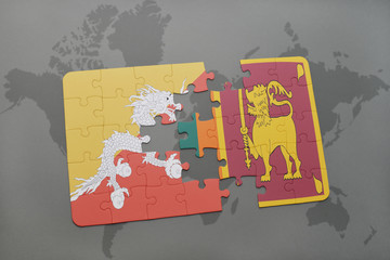 puzzle with the national flag of bhutan and sri lanka on a world map background.
