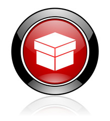 Modern design red and black circle vector box icon. Round web package button.