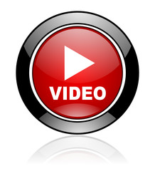 Round red and black glossy video vector icon