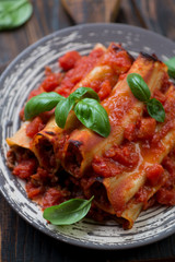 Close-up of cannelloni with mincemeat, tomato sauce and basil