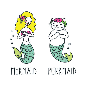 Mermaid and purrmaid. Doodle vector illustration of beautiful mermaid and cute cat-mermaid. Can be used for t-short print, poster or card